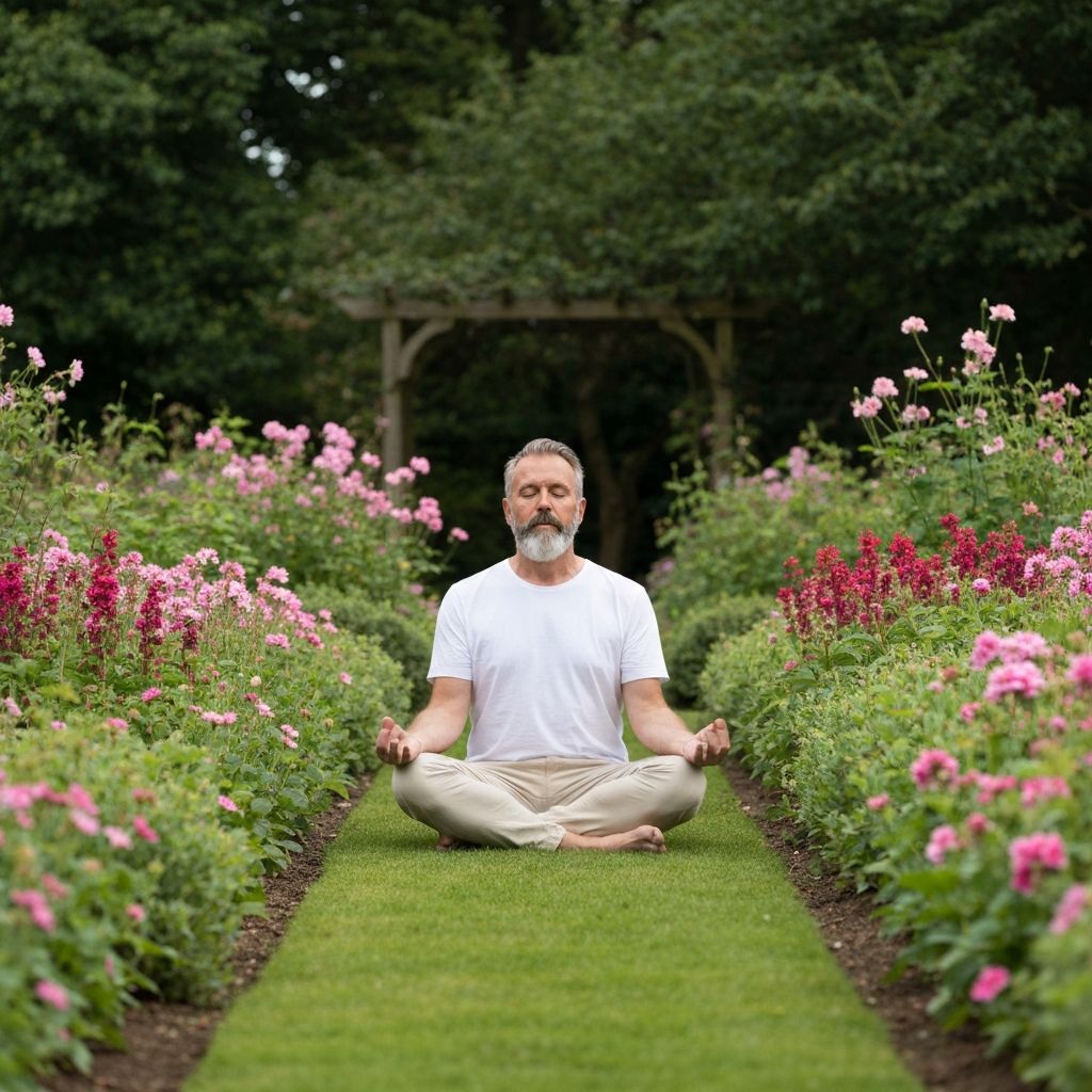 Man meditating in peaceful garden